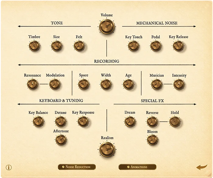 AEVAL Felt Piano VST advanced controls page