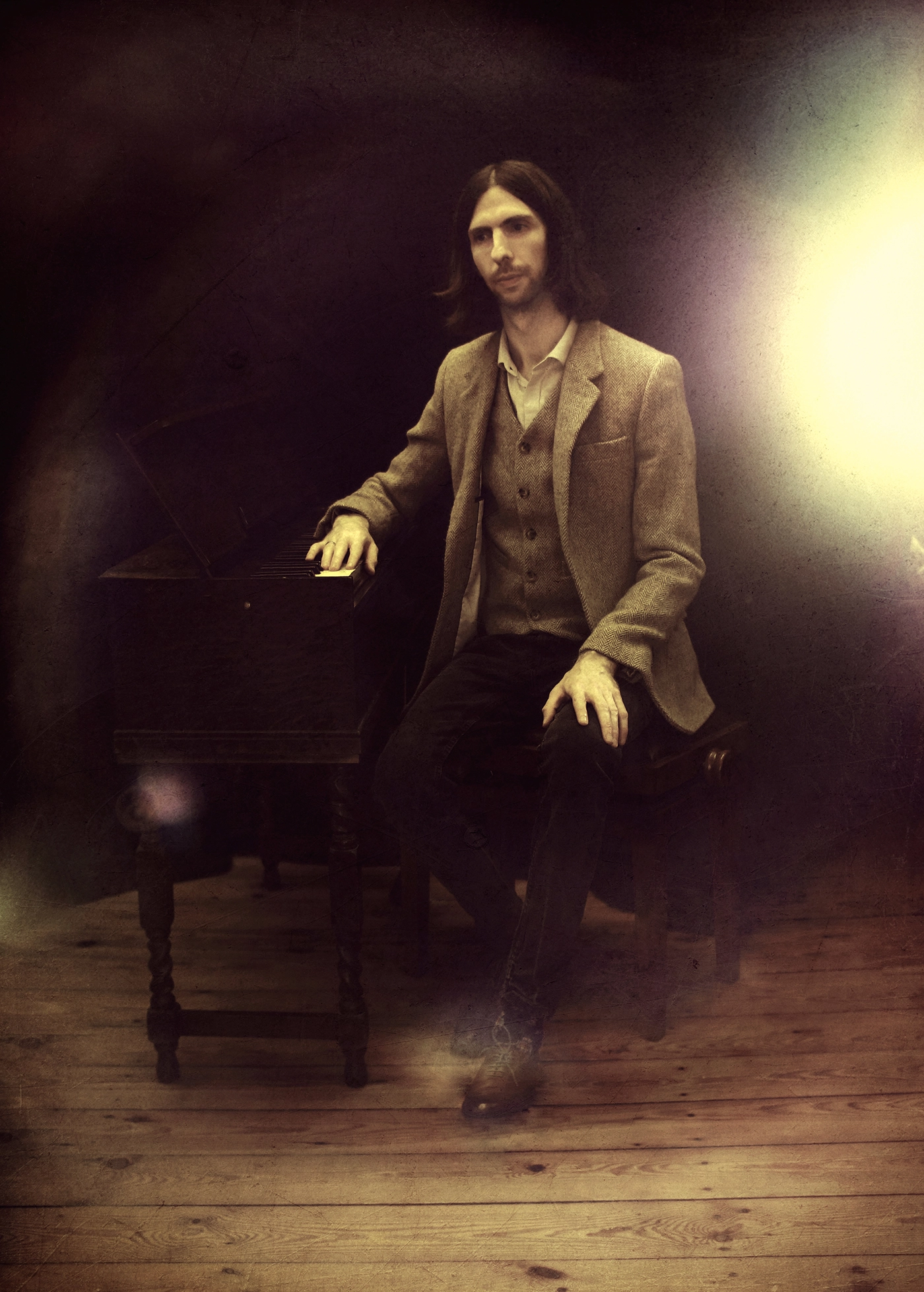 Composer Oskar Schuster with antique Dulcitone instrument